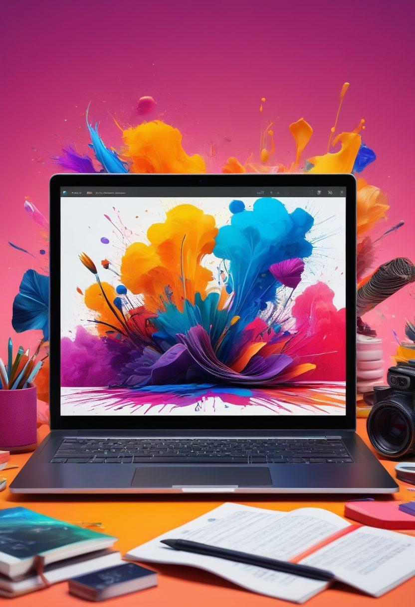 An open laptop displaying a vibrant blog interface filled with colorful digital storytelling elements like books, quills, and ink splashes. Surrounding the laptop are imaginative characters such as a storyteller and a blogger, integrating various digital tools like microphones and cameras. The background should be a blend of abstract writing notes and digital symbols, showcasing creativity in the blogosphere. super-realistic. vibrant colors.