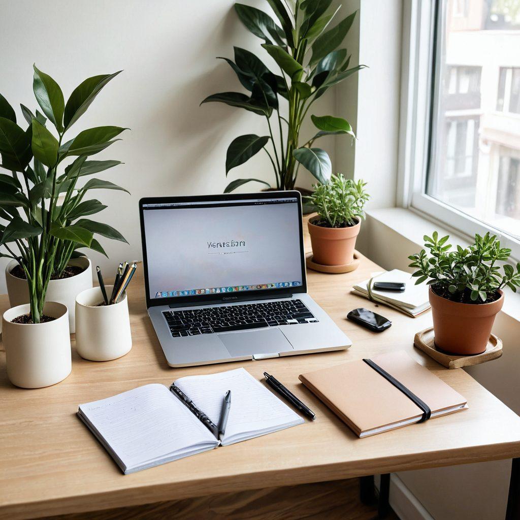 A cozy, minimalistic workspace featuring a clean desk with a laptop open to a writing app, surrounded by neatly arranged stationery. Include subtle greenery like a potted plant and soft ambient lighting to create a calm atmosphere. The background should be light and airy, reflecting the essence of simplicity and clarity. super-realistic. soft pastel colors. warm lighting.