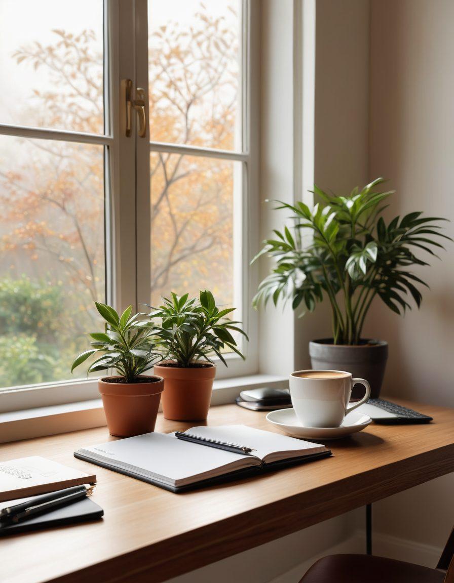 A sleek, minimalist workspace featuring a clean desk with a laptop, a simple notepad with a pen, and a steaming cup of coffee. The background should be softly blurred with natural light streaming in through a large window, emphasizing simplicity and focus. Art accents should include a small plant and a single abstract painting on the wall, conveying a sense of calm and clarity. super-realistic. soft colors. bright lighting.